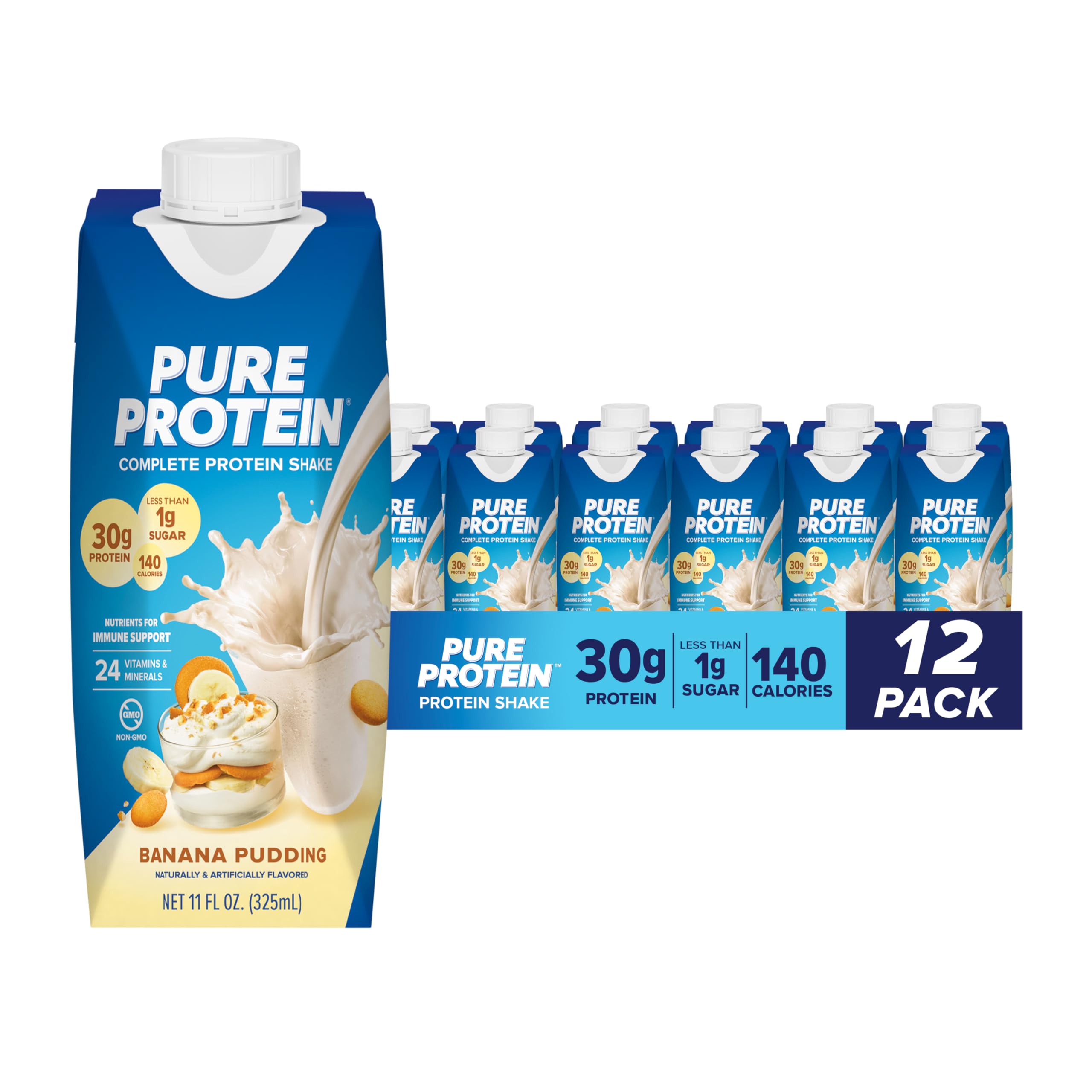 Pure Protein frente del envase mostrando 30 g de proteína y beneficio práctico