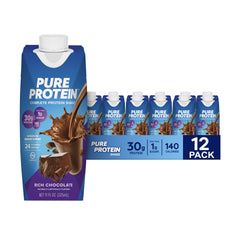 Pure Protein botella frente mostrando etiqueta y beneficios proteicos