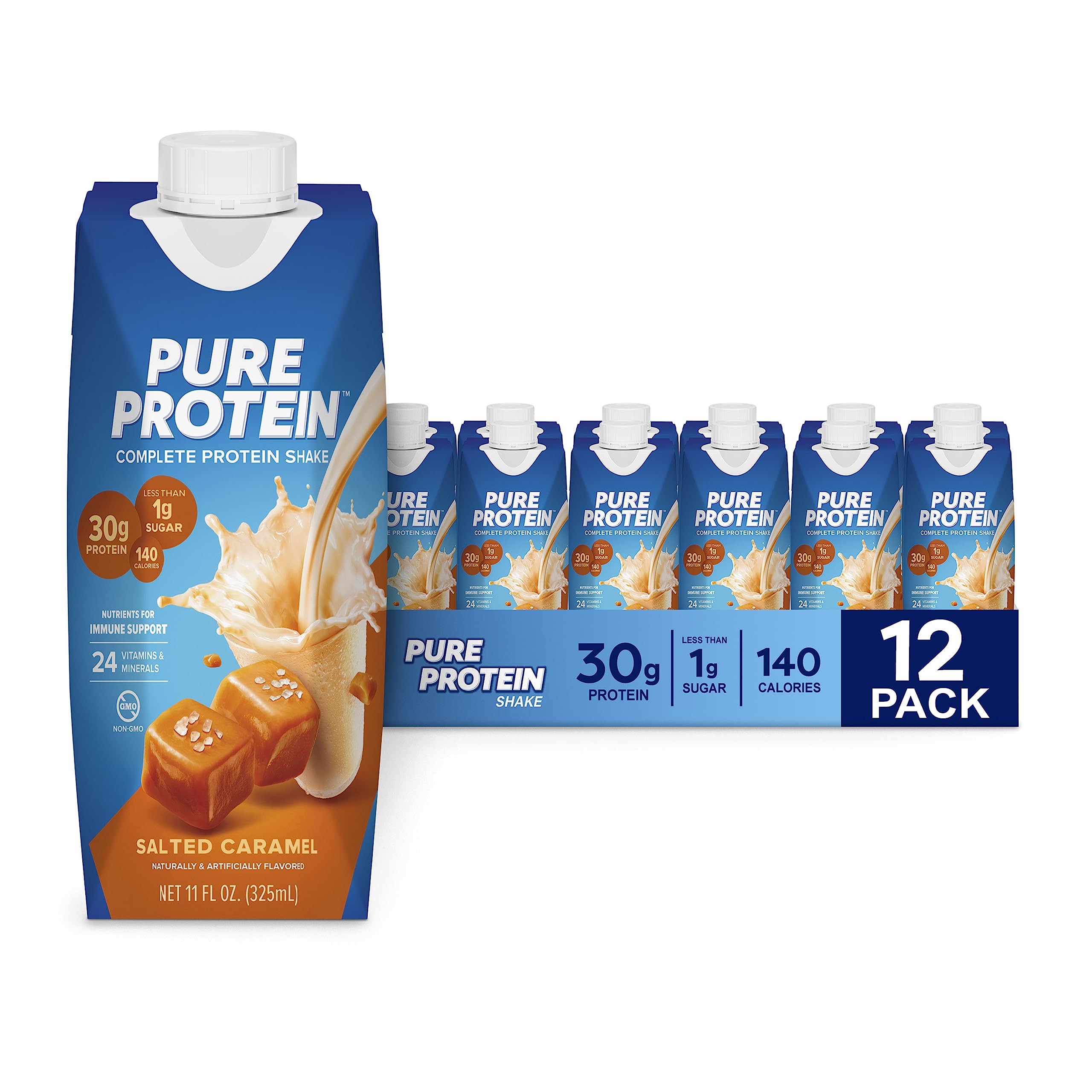 Pure Protein botella frontal Salted Caramel mostrando diseño y cantidad de proteína