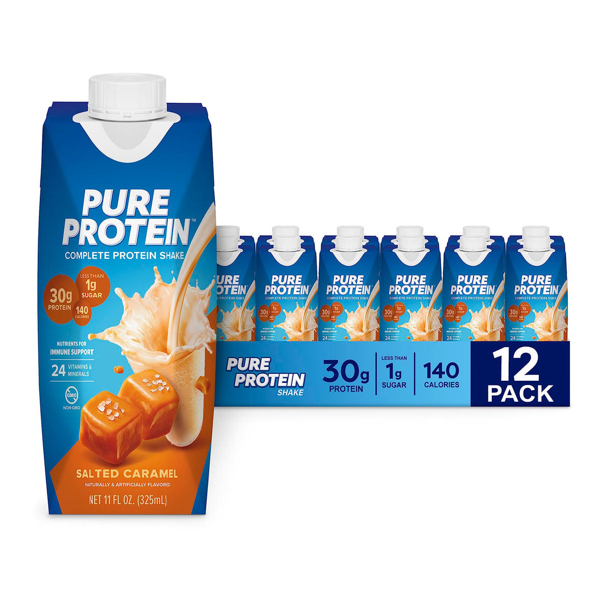Pure Protein botella frontal Salted Caramel mostrando diseño y cantidad de proteína