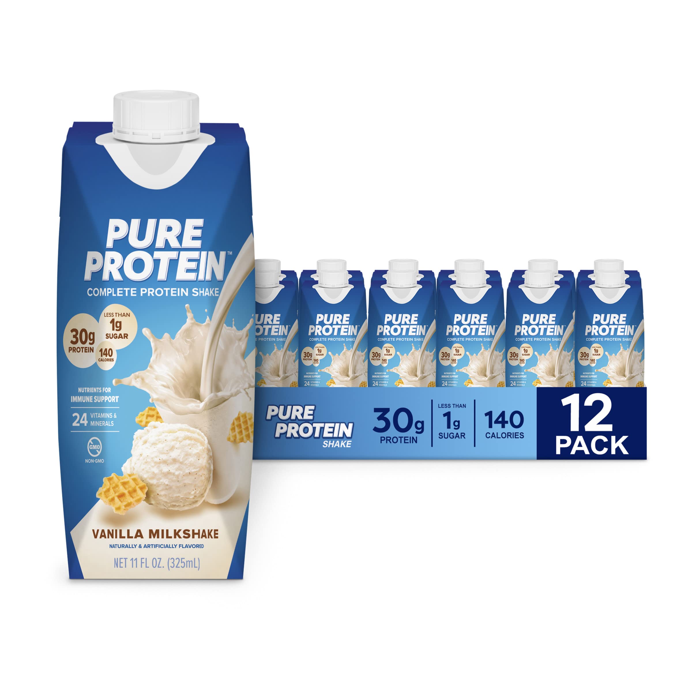Pure Protein botella frontal de vainilla mostrando etiqueta clara y sabor