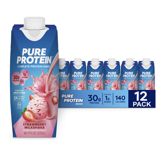 Pure Protein botella frontal mostrando etiqueta y beneficio de 30 g de proteína