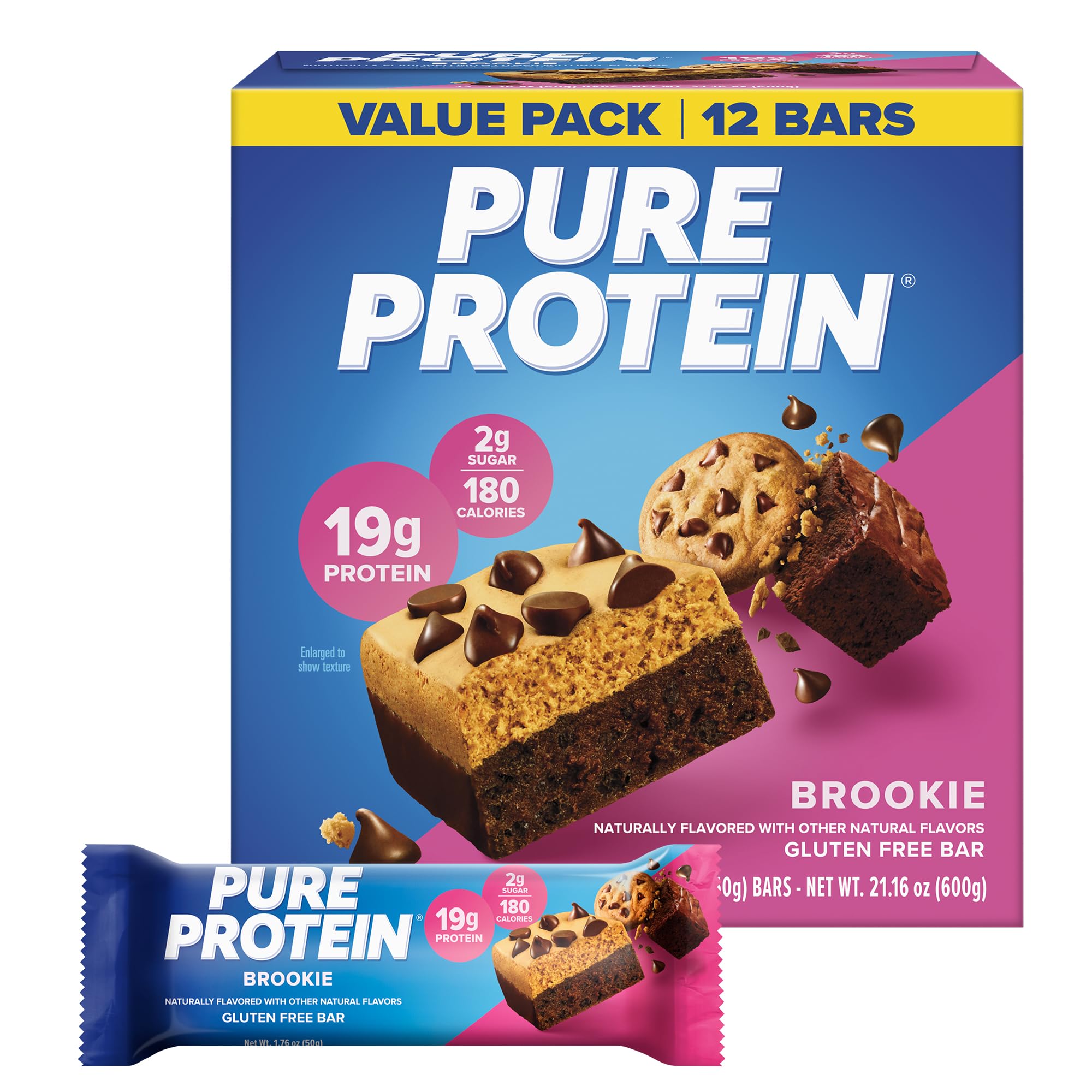 Pure Protein barra Brookie vista frontal mostrando paquete y marca, conveniencia inmediata