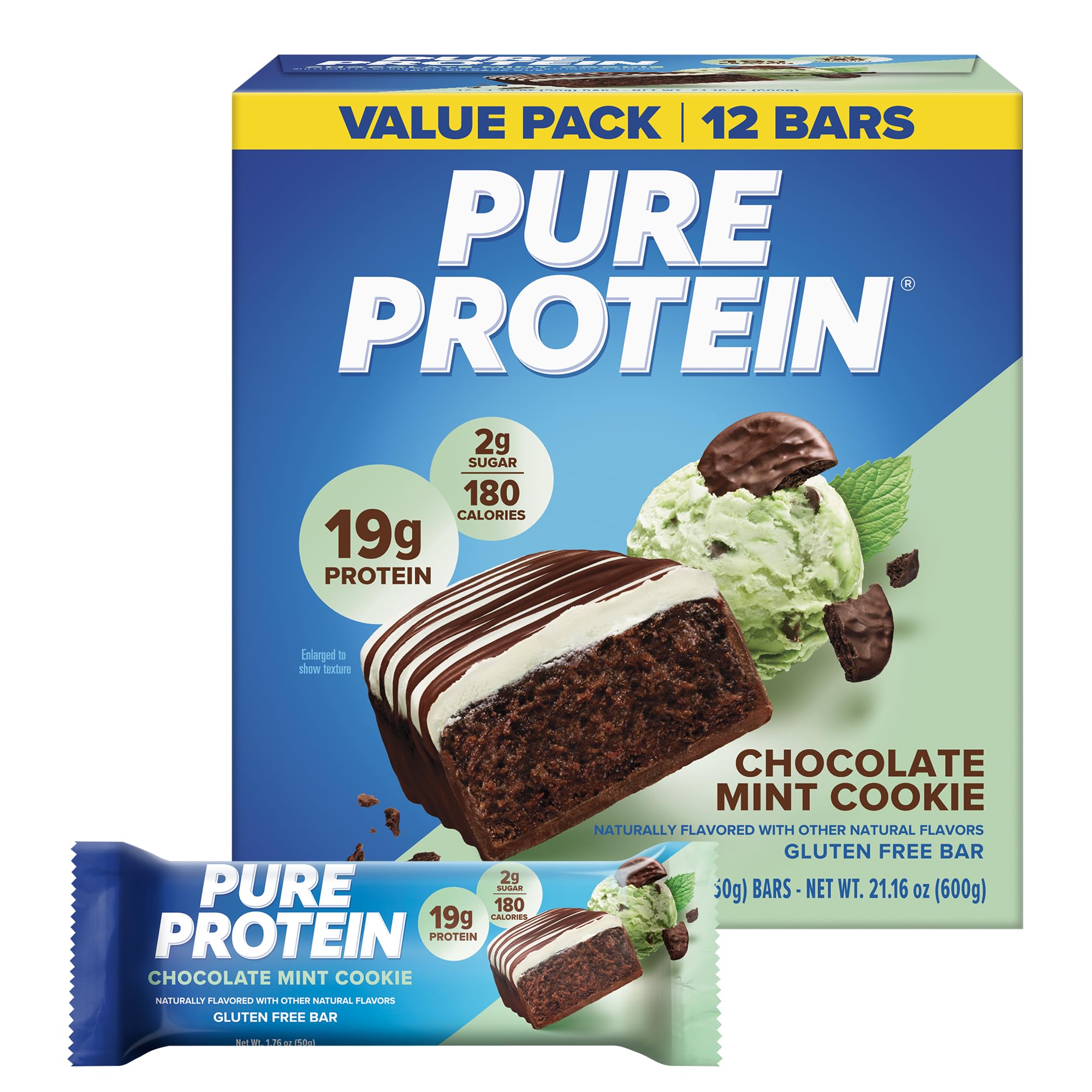 Pure Protein caja frontal mostrando 12 barras y fácil stock