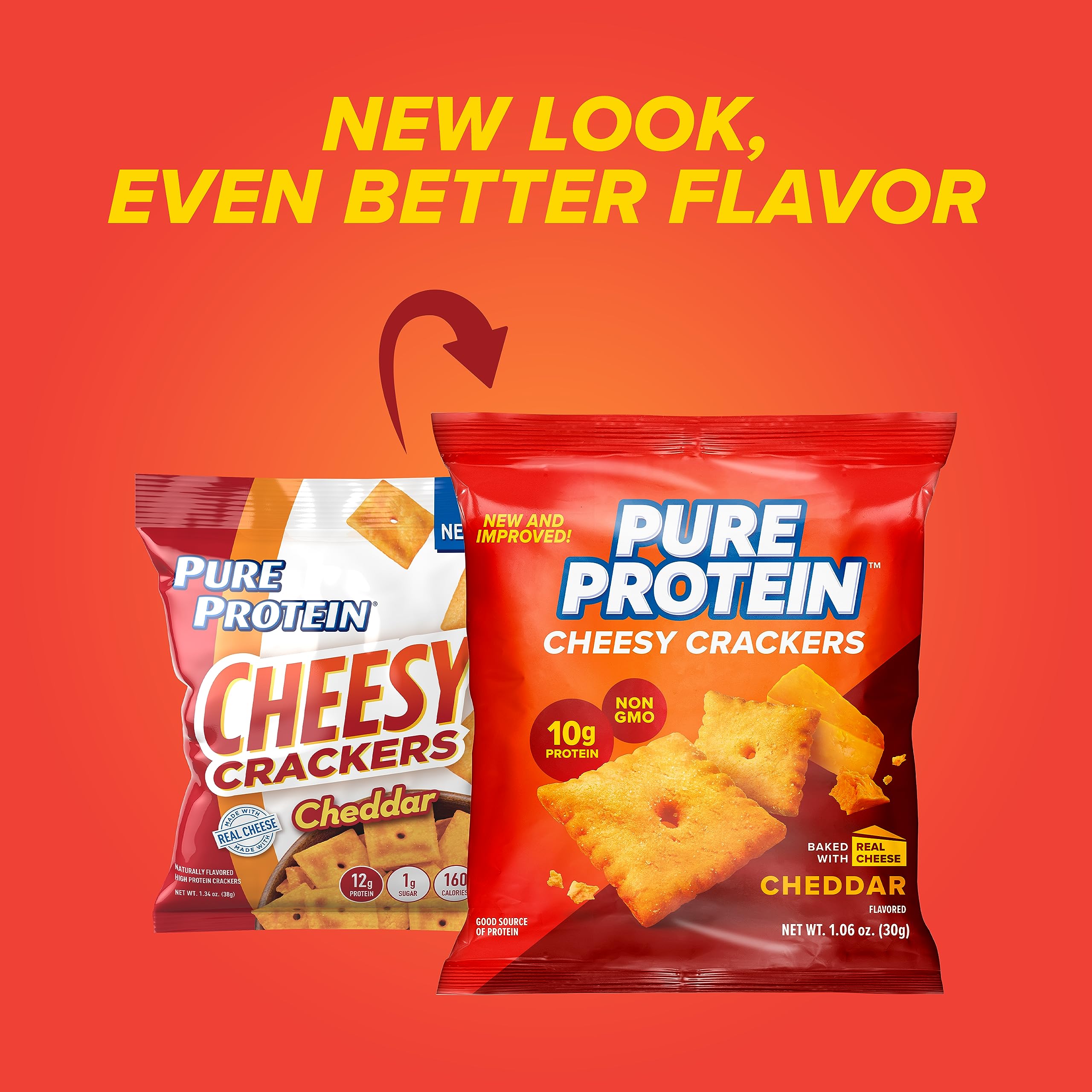Pure Protein primer plano de textura crujiente, sabor cheddar real destacado