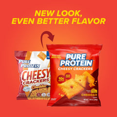 Pure Protein primer plano de textura crujiente, sabor cheddar real destacado