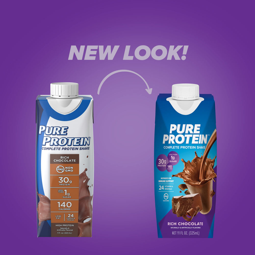 Pure Protein detalle de etiqueta con información de proteína y vitaminas