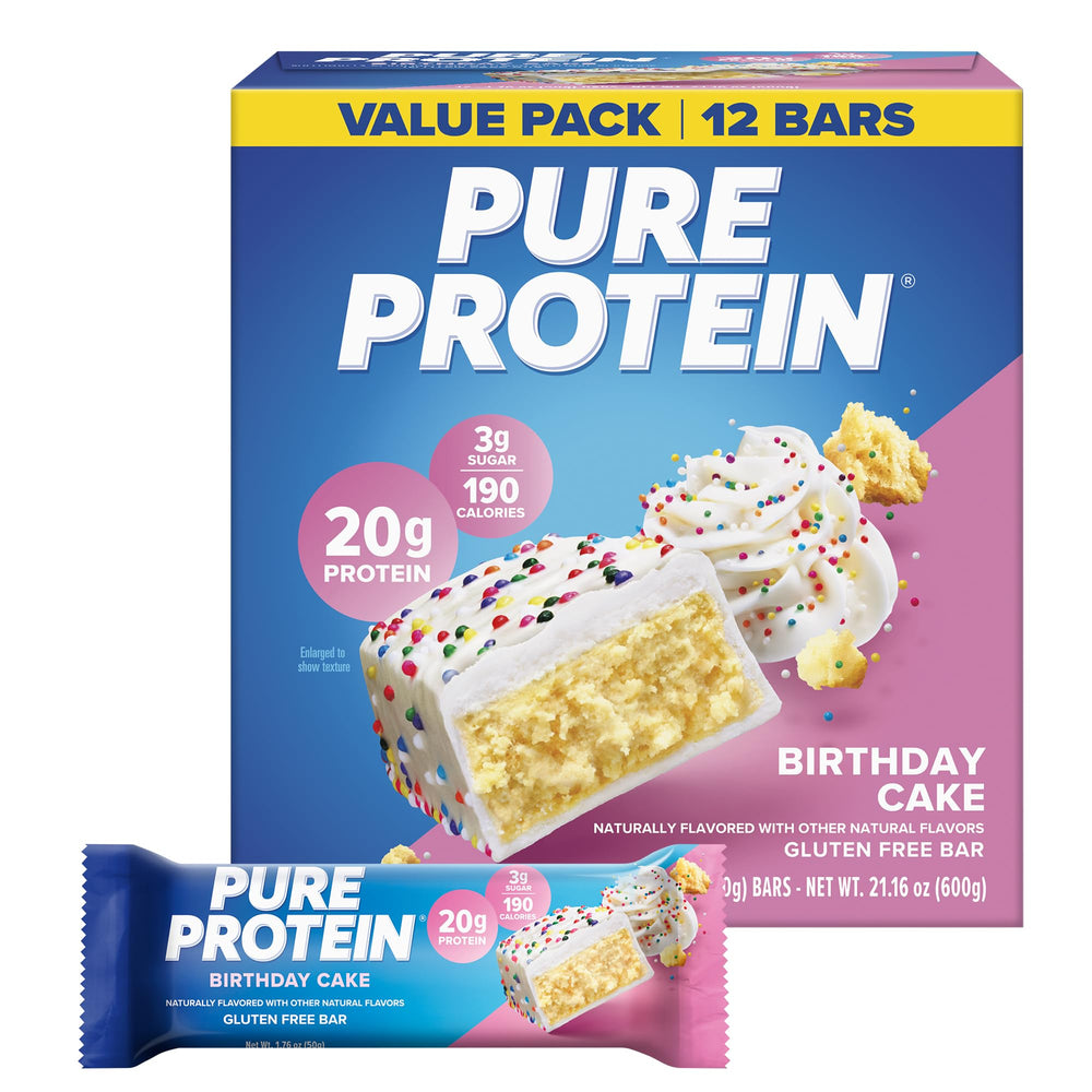Pure Protein envase frontal Birthday Cake con diseño y beneficios visibles