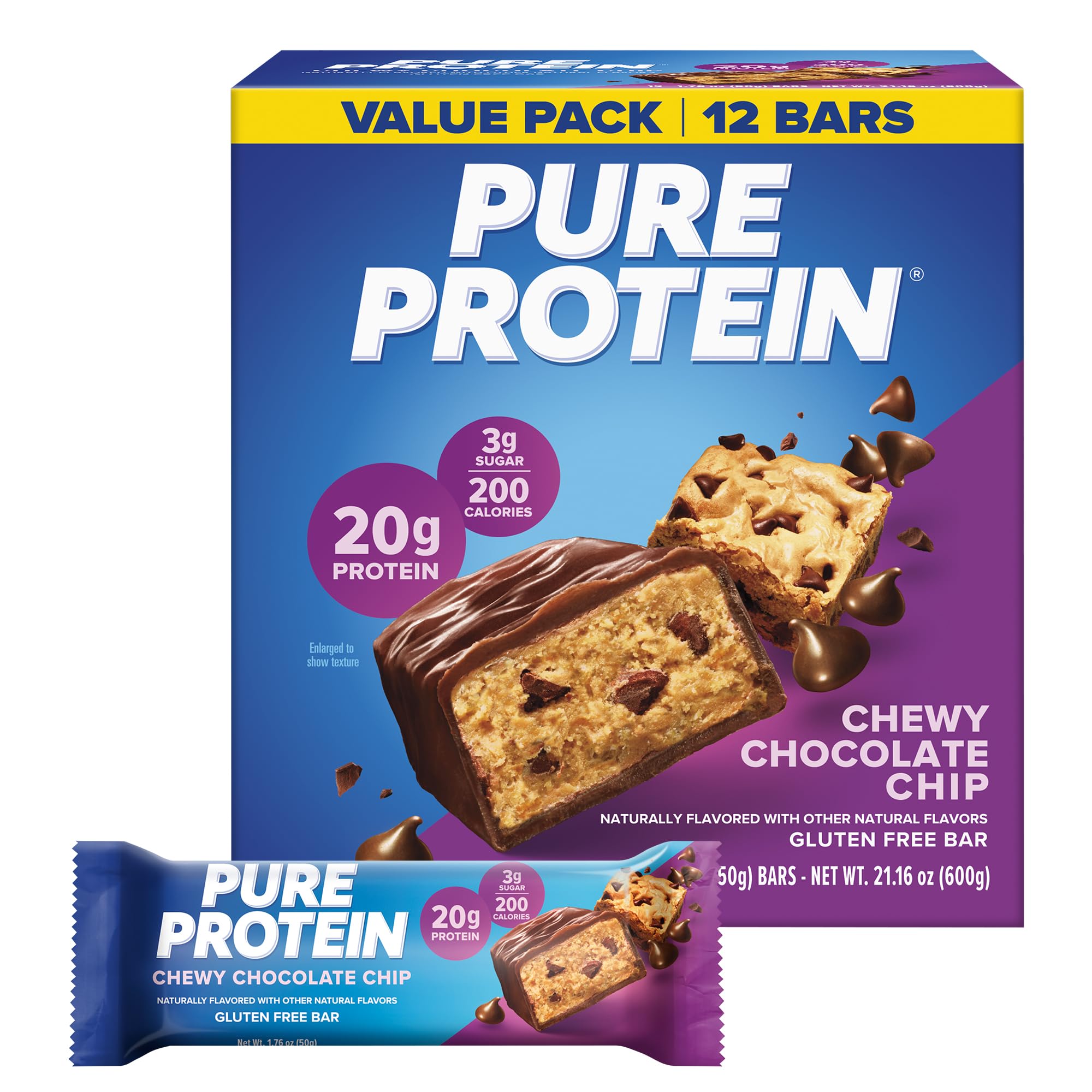 Pure Protein paquete frontal mostrando 12 barras y beneficios nutricionales