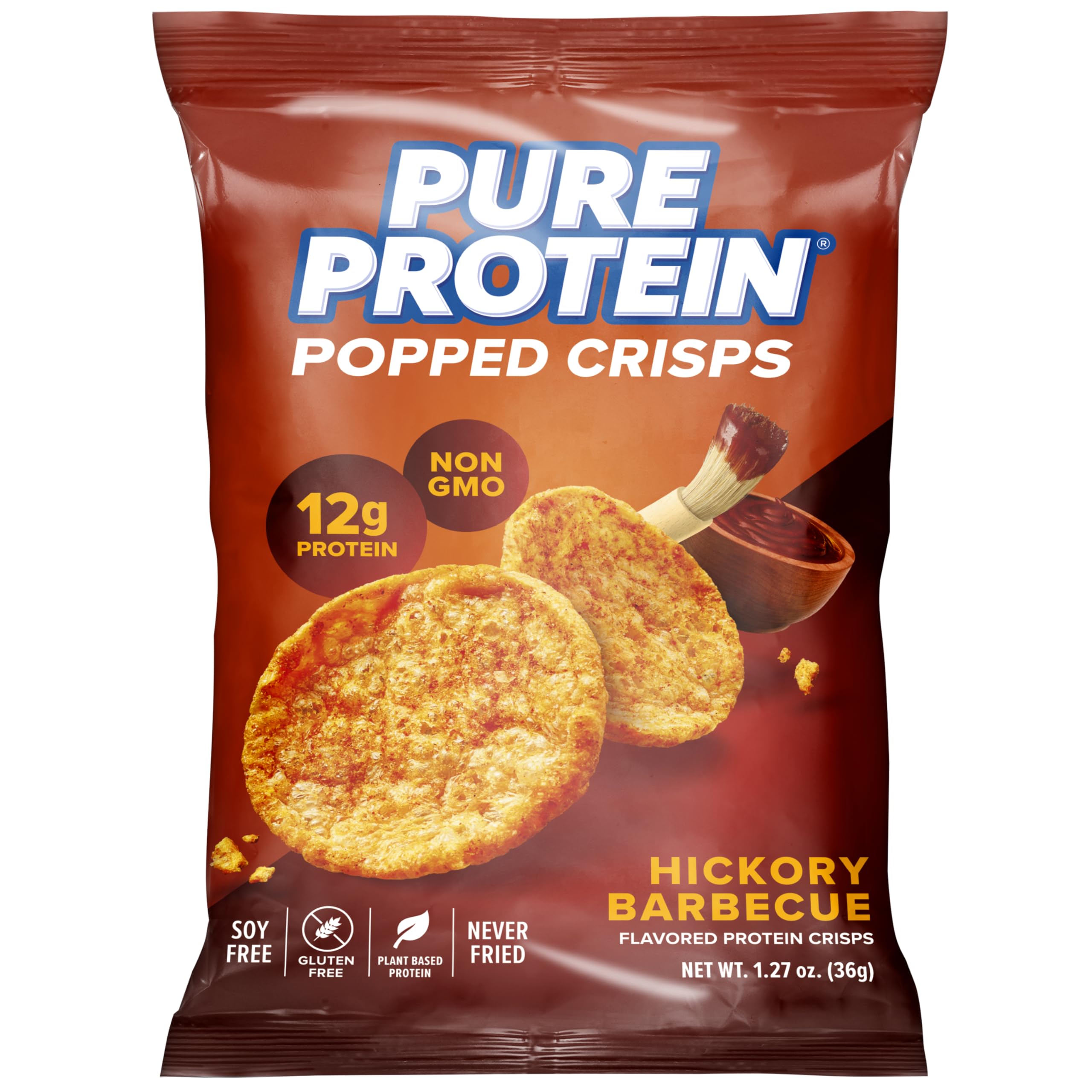 Pure Protein frente del empaque mostrando sabor hickory barbecue y conveniencia