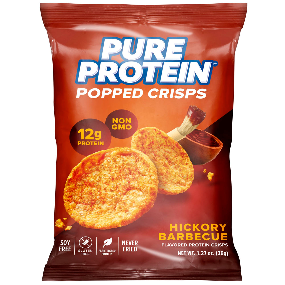 Pure Protein frente del empaque mostrando sabor hickory barbecue y conveniencia
