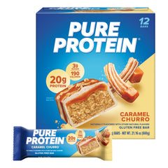 Pure Protein empaque frontal mostrando sabor Caramel Churro y beneficio práctico