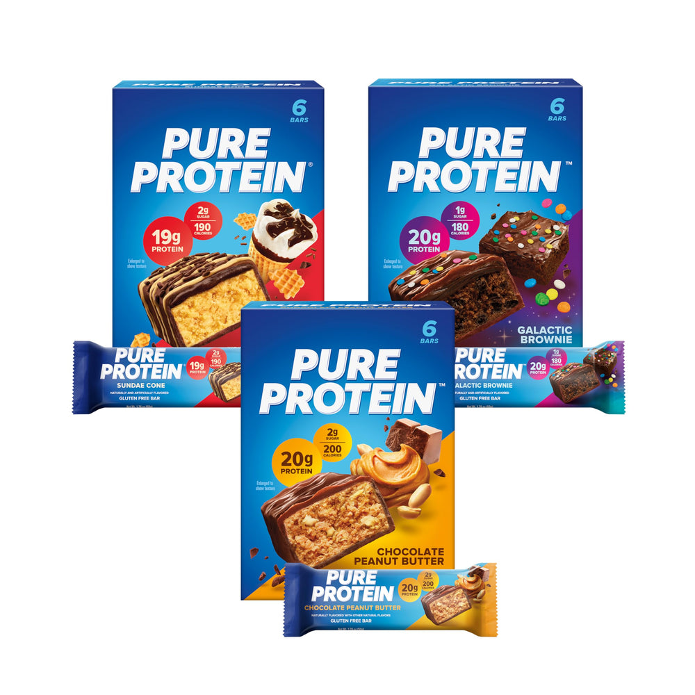Pure Protein empaque frontal mostrando variedad y conveniencia