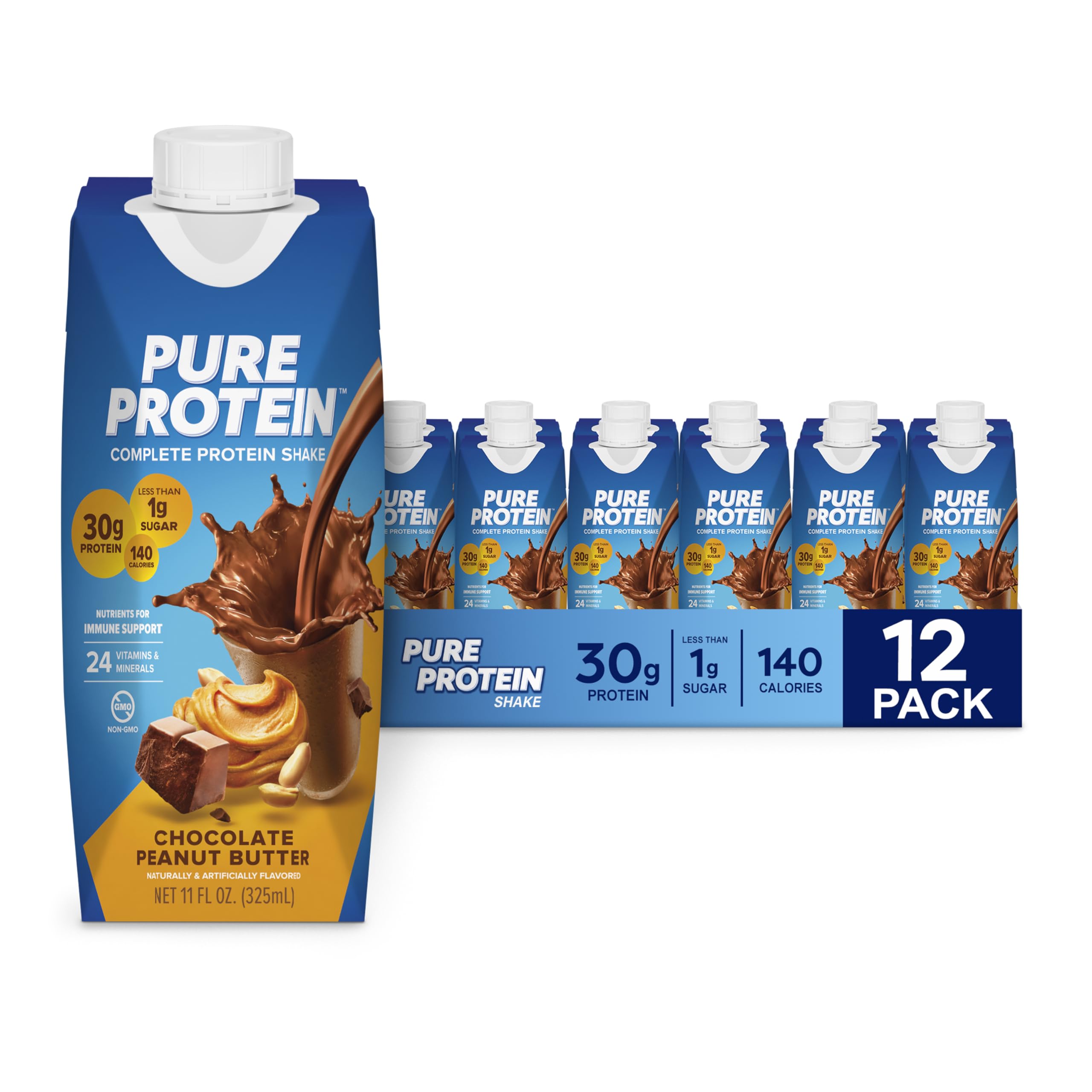 Pure Protein envase frontal mostrando sabor chocolate mantequilla de cacahuate y conveniencia