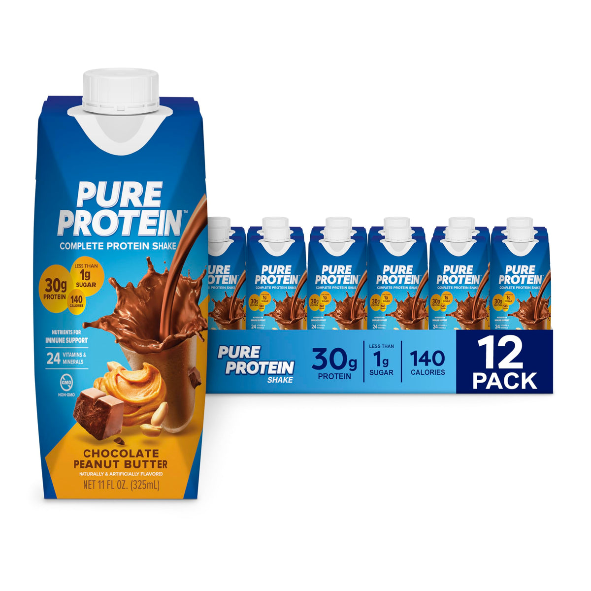 Pure Protein envase frontal mostrando sabor chocolate mantequilla de cacahuate y conveniencia