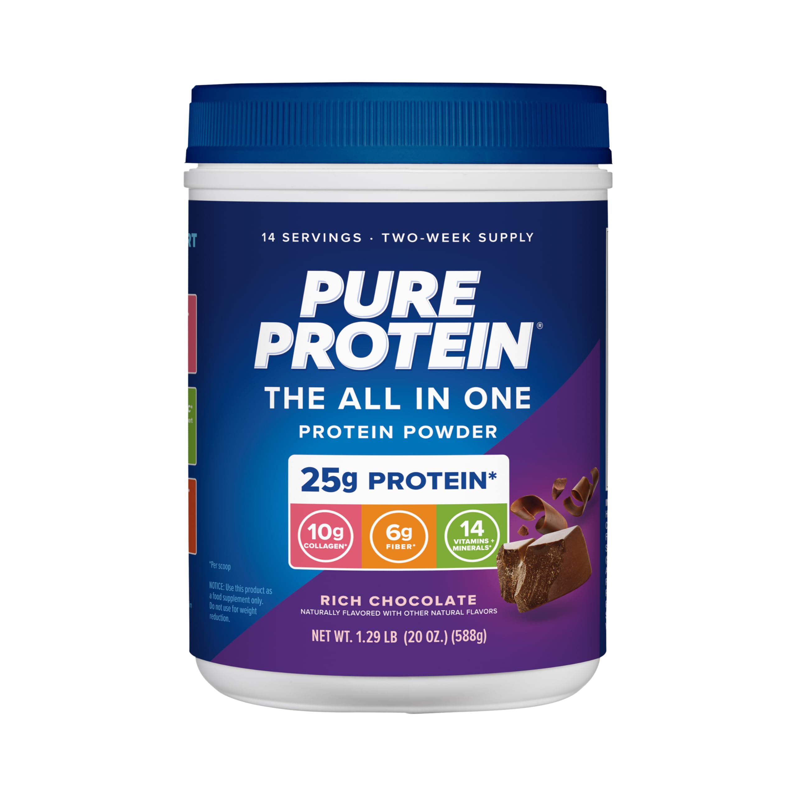 Pure Protein frente del tubo mostrando envase y sabor chocolate, fácil identificación