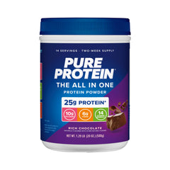 Pure Protein frente del tubo mostrando envase y sabor chocolate, fácil identificación
