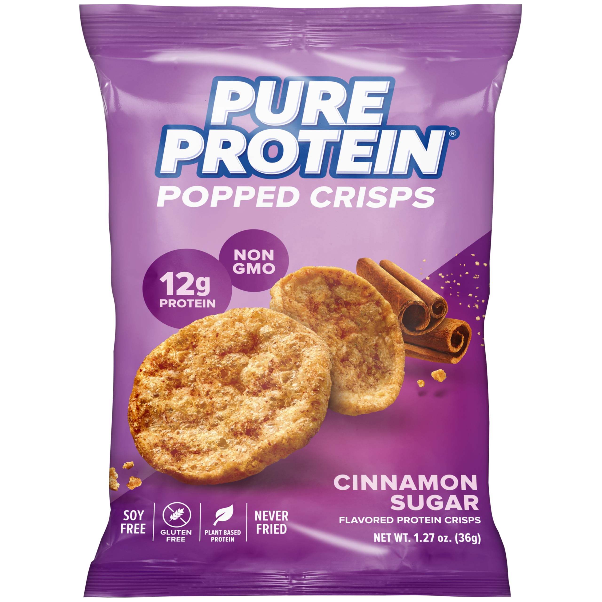Pure Protein empaque frontal Cinnamon Sugar mostrando diseño y beneficio proteico