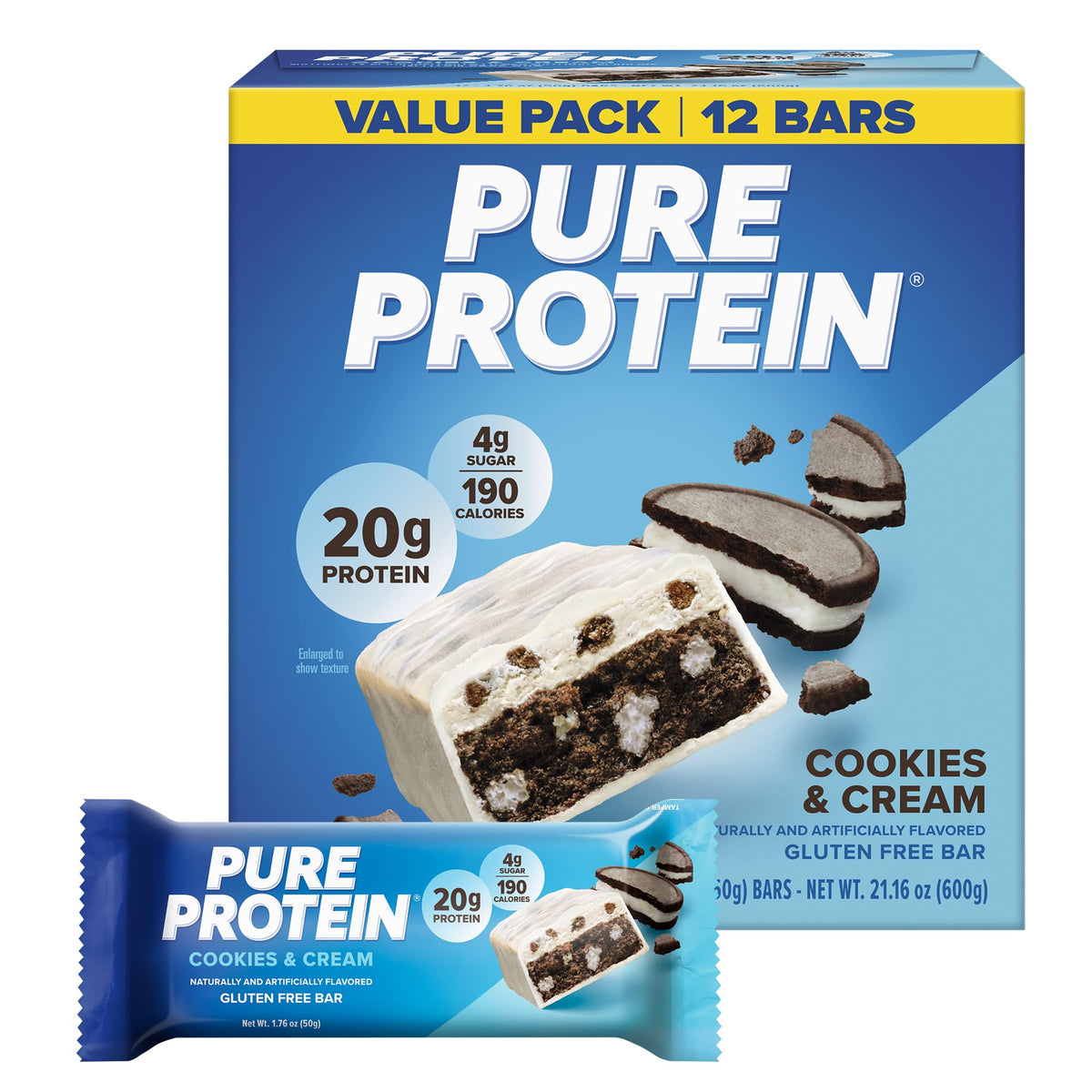 Pure Protein frente del paquete cookies and cream mostrando conveniencia