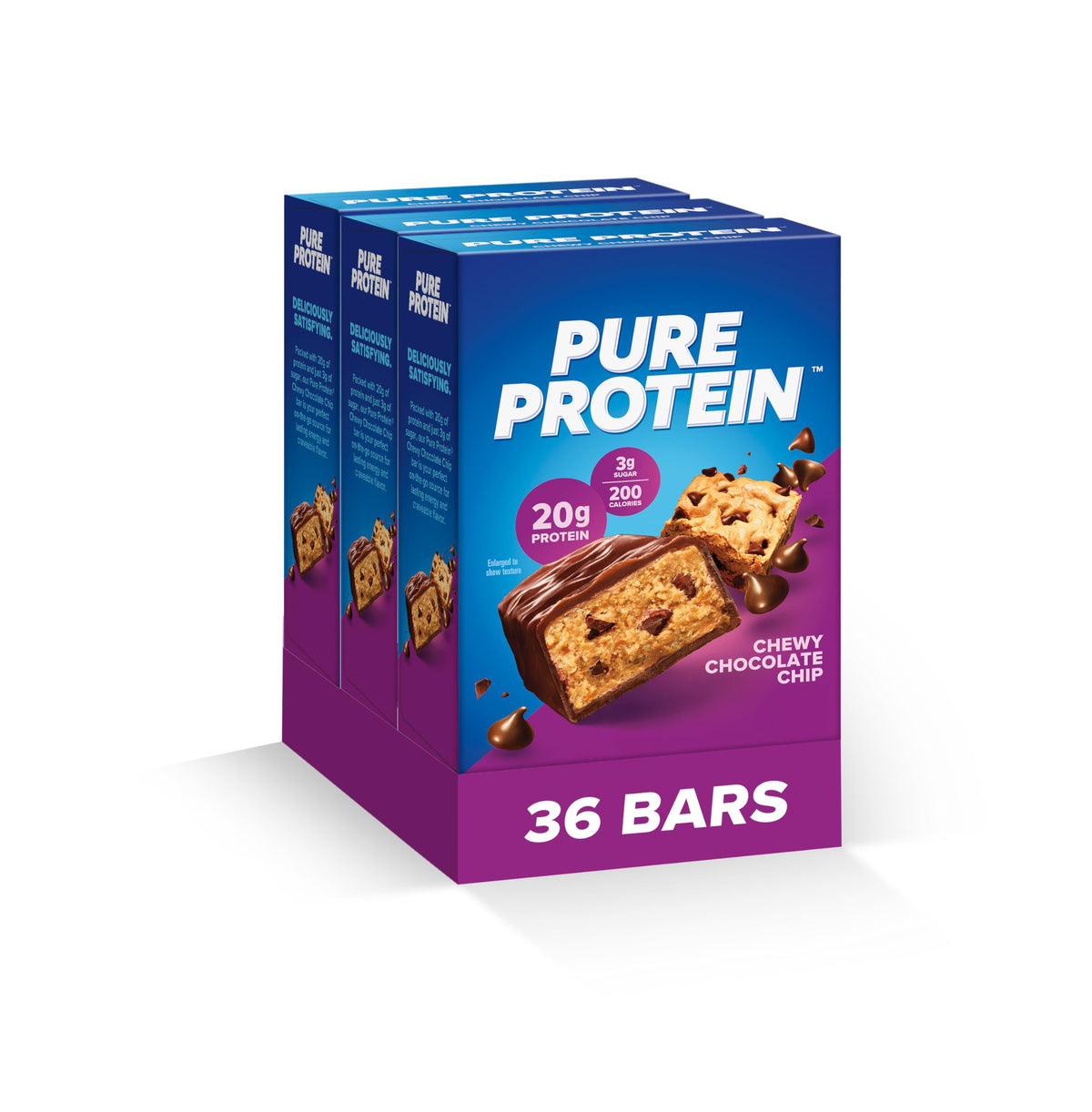 Pure Protein empaque frontal Chewy Chocolate Chip, presentación clara y beneficios proteicos