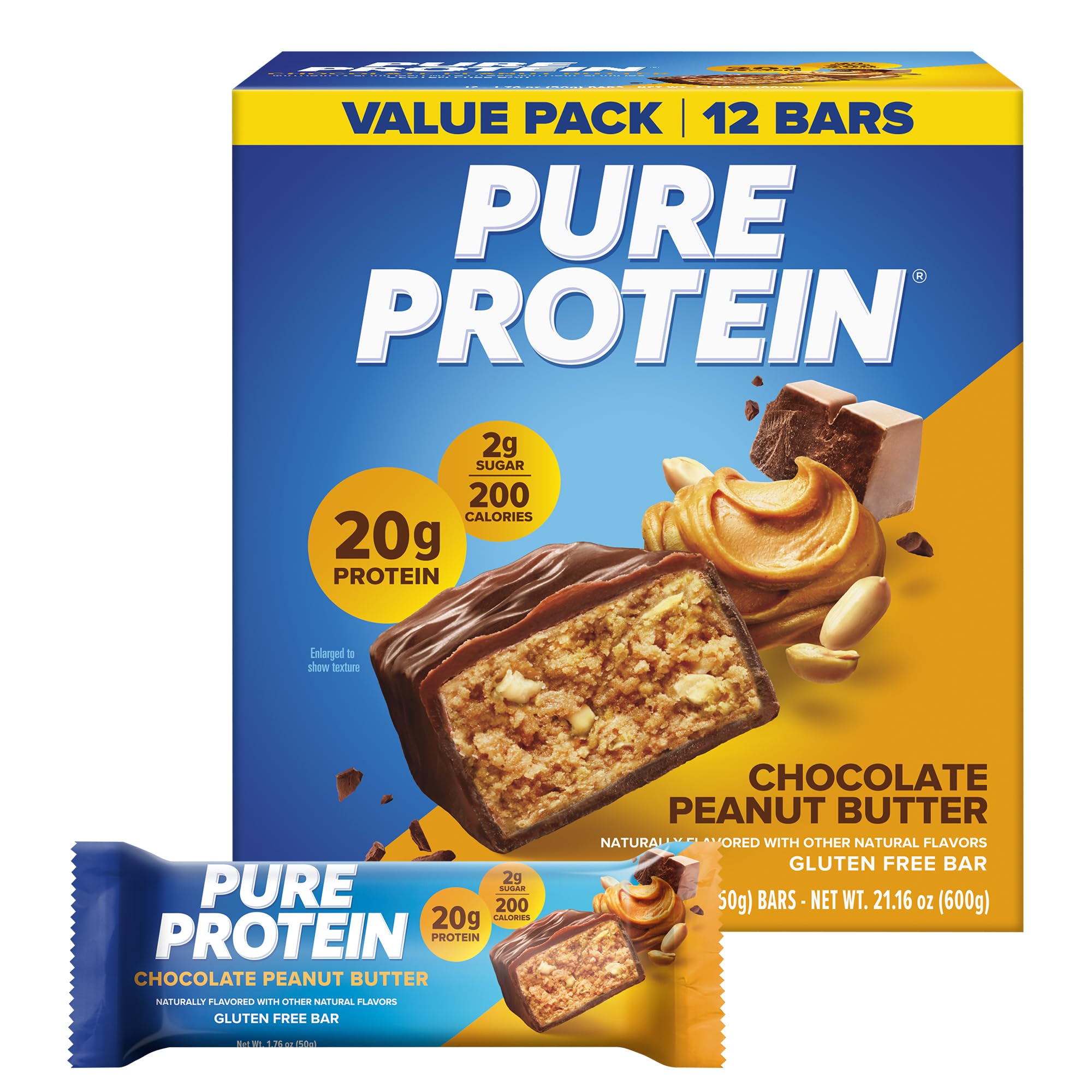 Pure Protein empaque frontal mostrando 12 barras para conveniencia y sabor