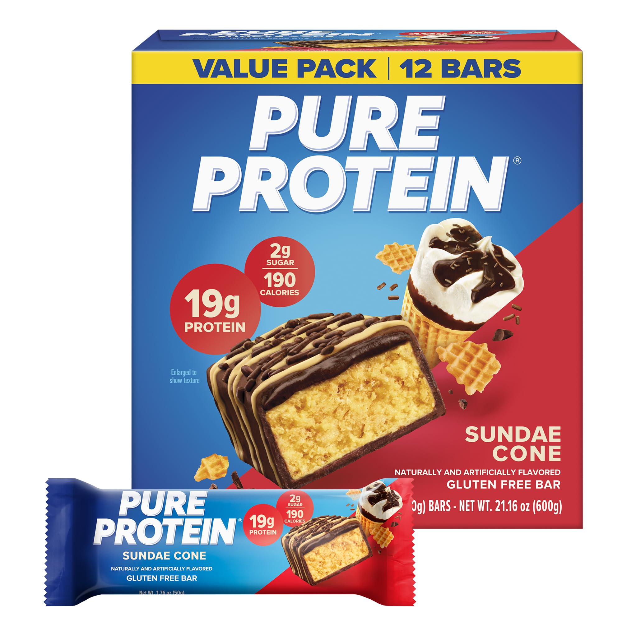 Pure Protein paquete frontal mostrando 12 barritas, conveniencia y ahorro