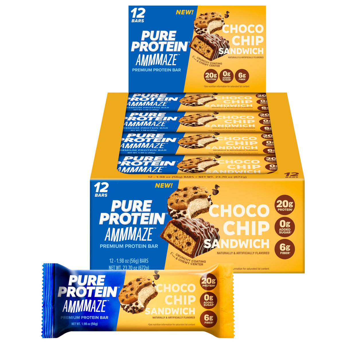 Pure Protein frontal del paquete mostrando 12 barras y beneficios nutricionales