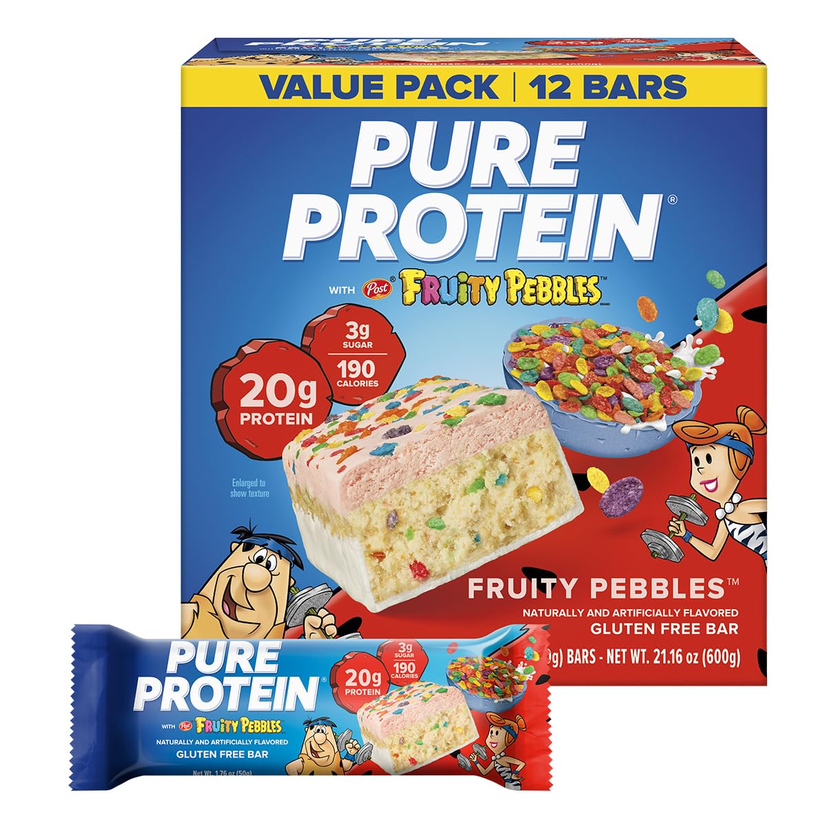 Pure Protein frontal caja con 12 barritas mostrando opción portátil