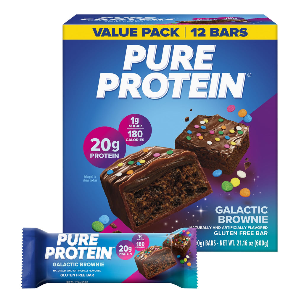Pure Protein empaque frontal mostrando 12 barras, fácil reconocimiento y conveniencia