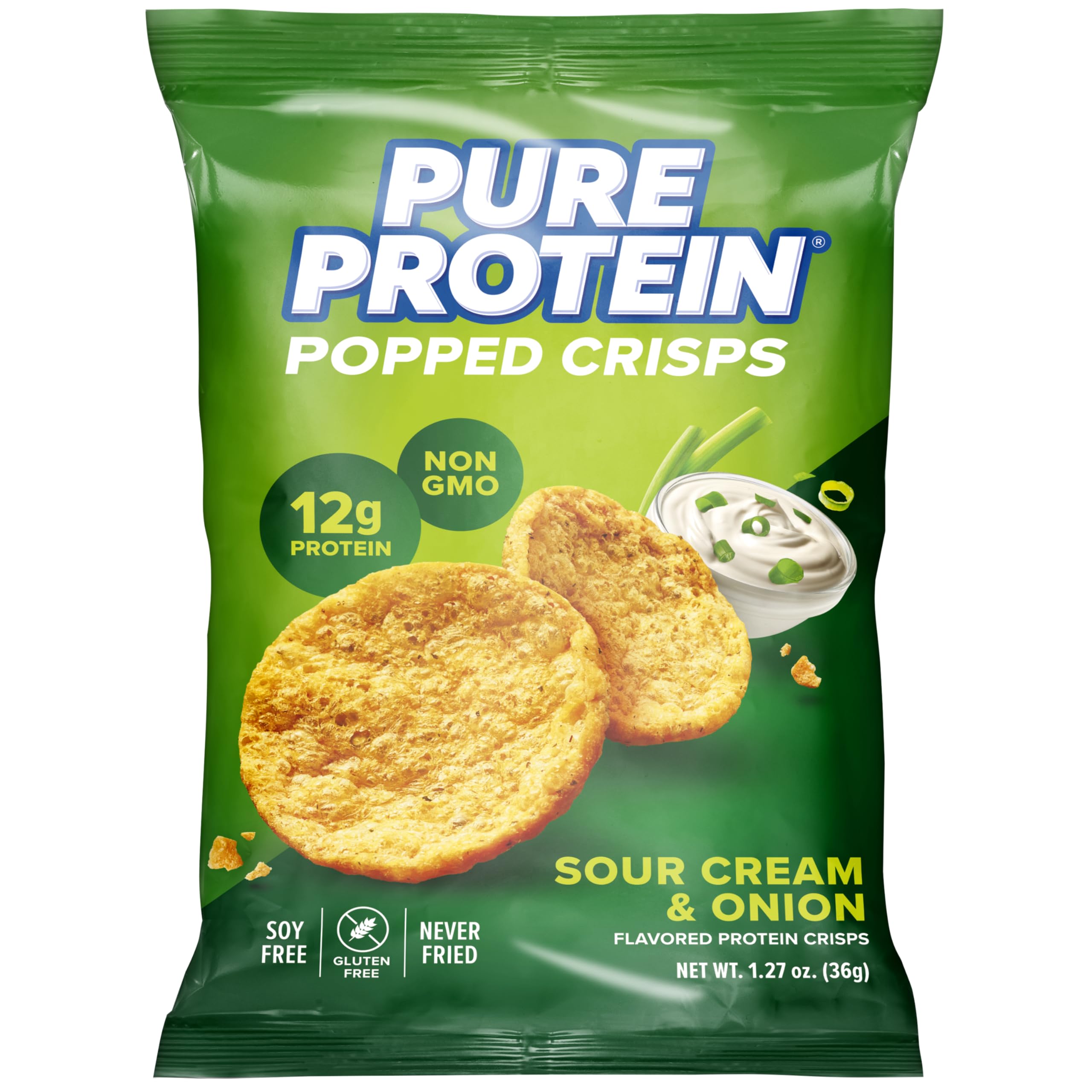 Pure Protein paquete frontal sour cream & onion mostrando información nutritiva