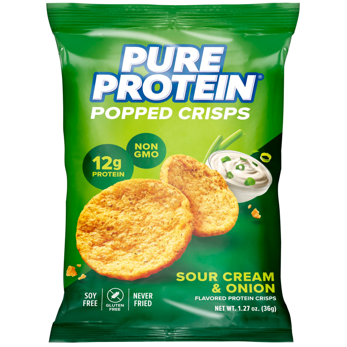 Pure Protein paquete frontal sour cream & onion mostrando información nutritiva
