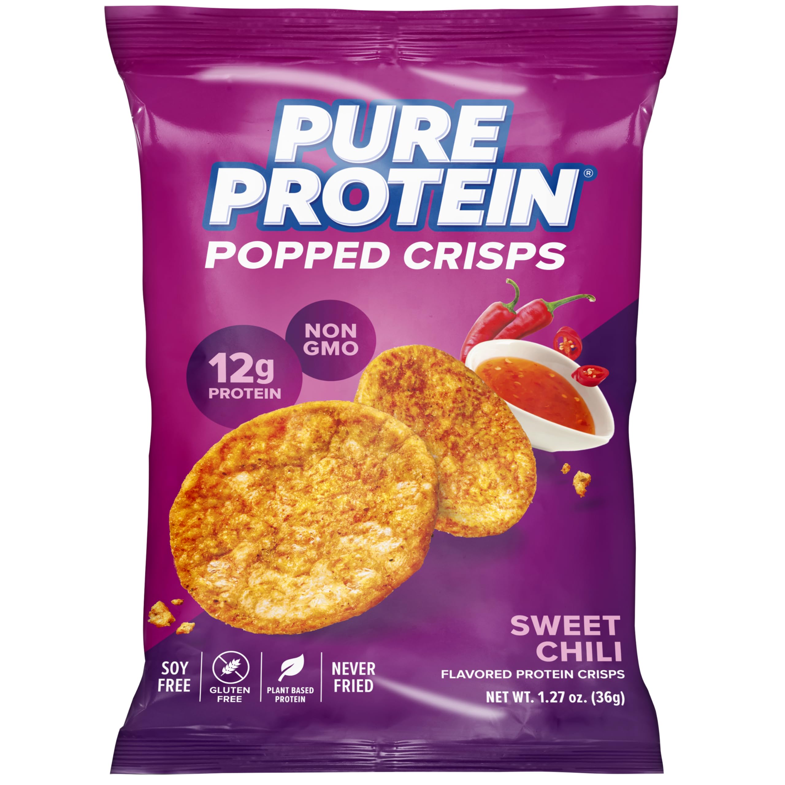 Pure Protein empaque frontal mostrando sabor sweet chili y beneficio proteico