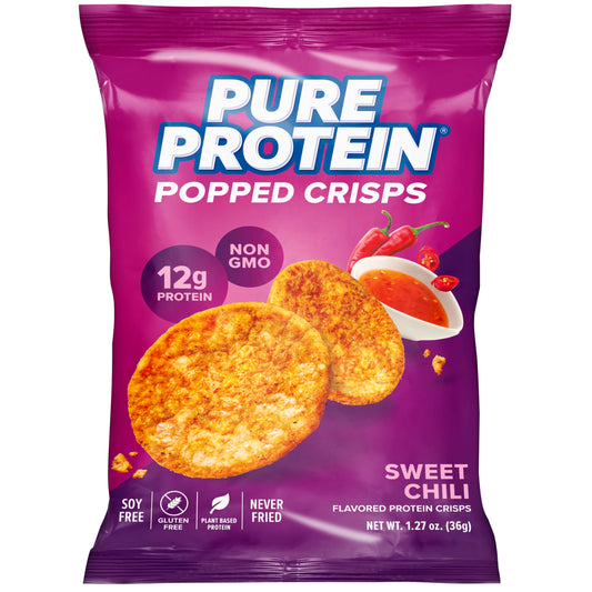 Pure Protein empaque frontal mostrando sabor sweet chili y beneficio proteico