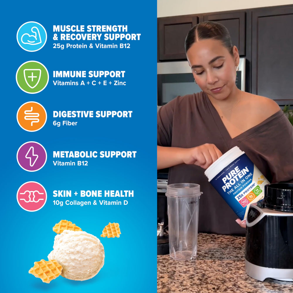 Pure Protein cucharada con porción de polvo, control preciso de proteínas