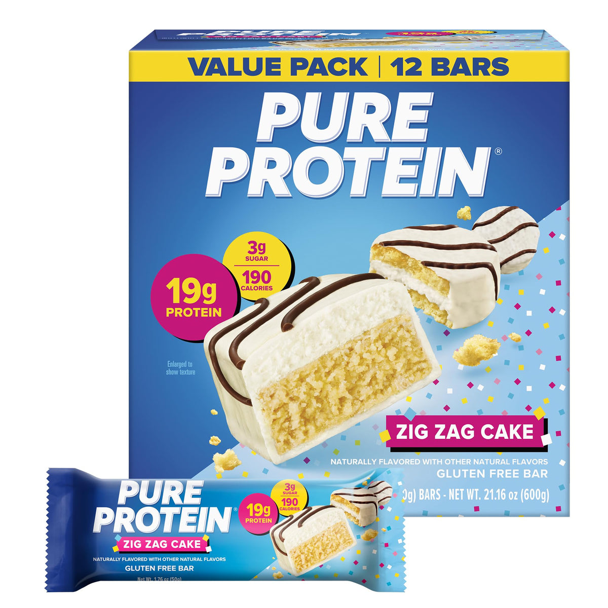 Pure Protein frente del empaque mostrando 12 barras, ideal para snacks portátiles