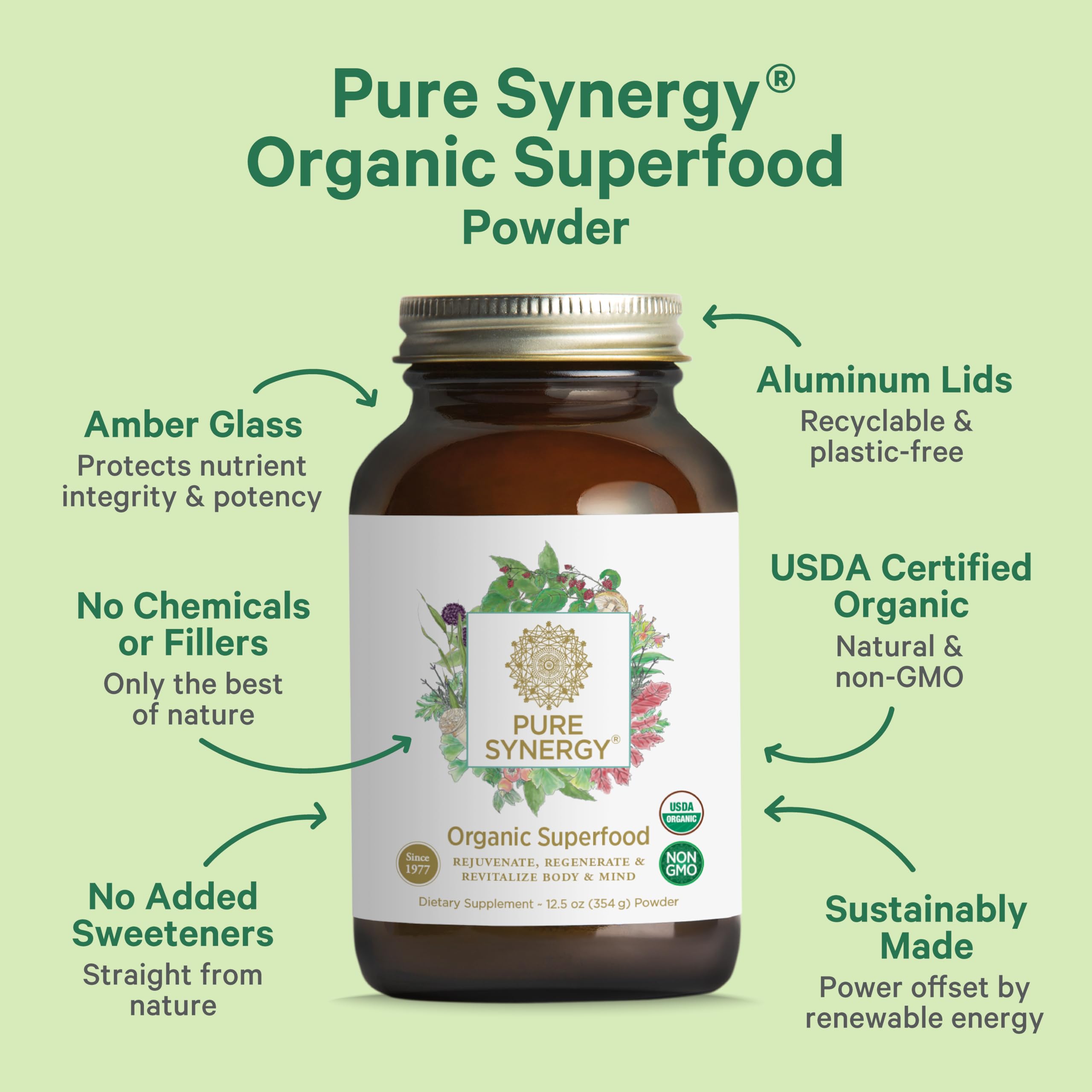 PURE SYNERGY polvo mezclado en batido verde para energía