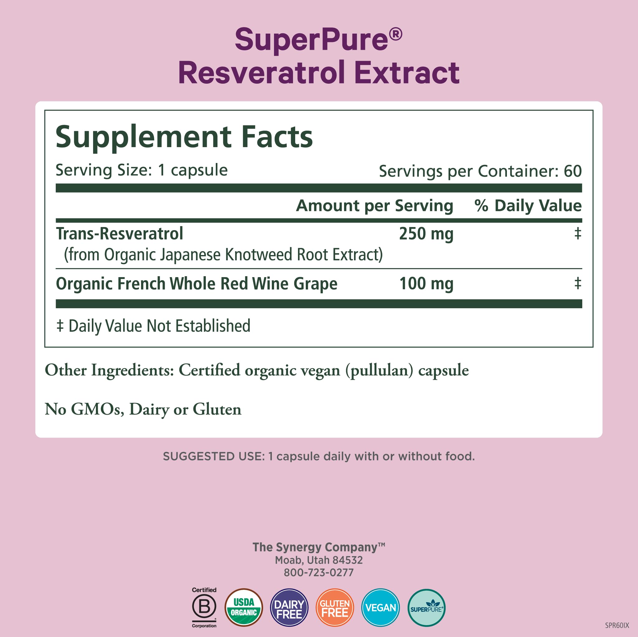 PURE SYNERGY etiqueta detalle con información de resveratrol y orgánico