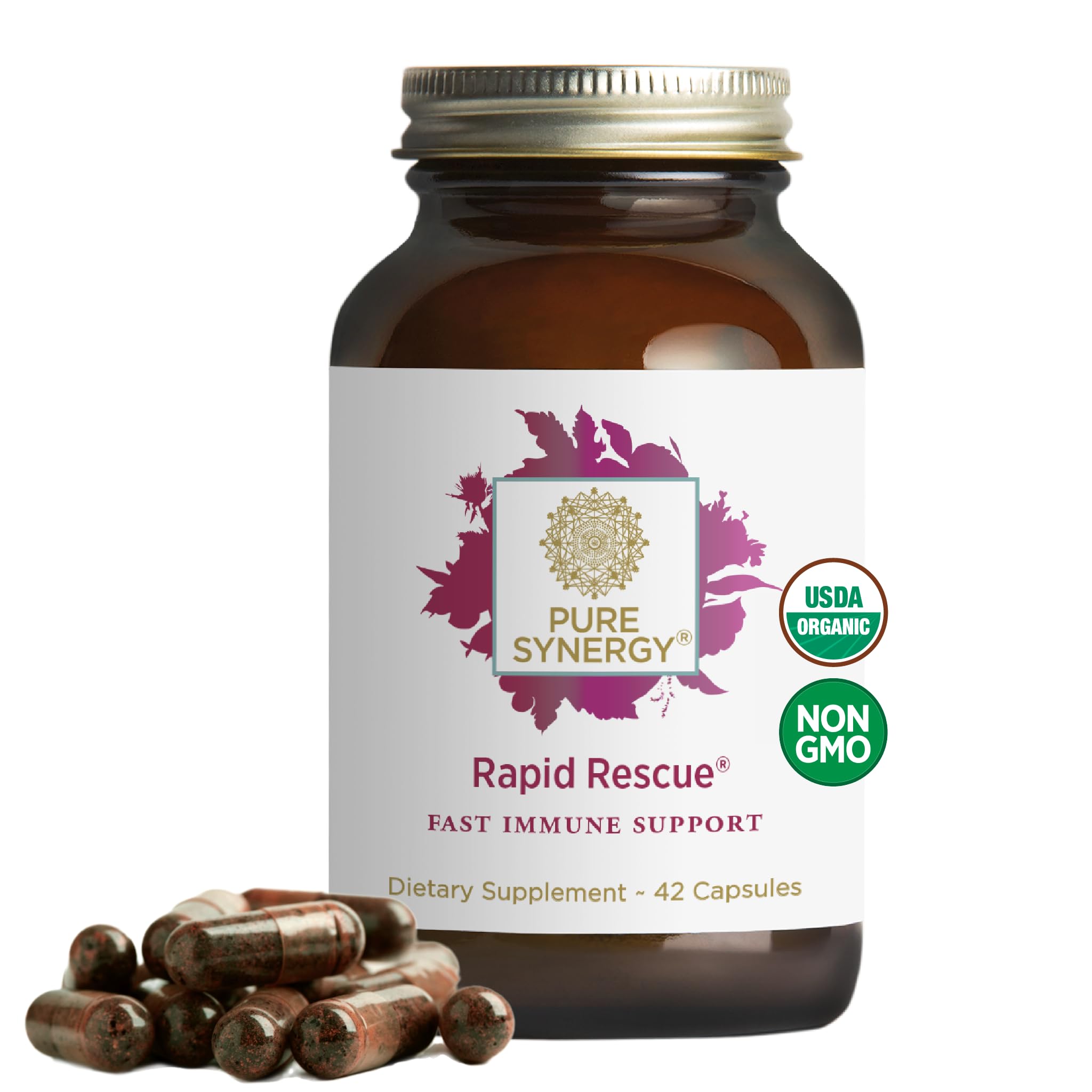 PURE SYNERGY frasco frontal que muestra 42 cápsulas y etiqueta clara para confianza