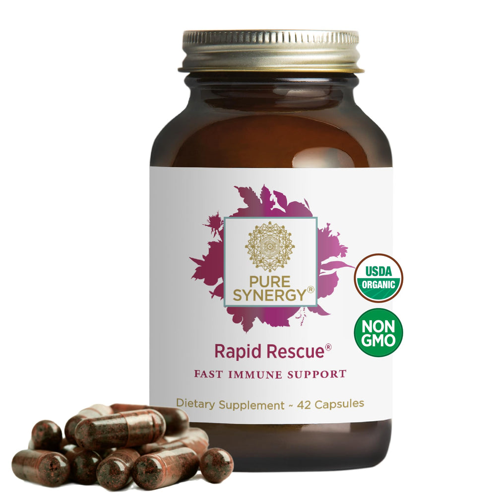 PURE SYNERGY frasco frontal que muestra 42 cápsulas y etiqueta clara para confianza