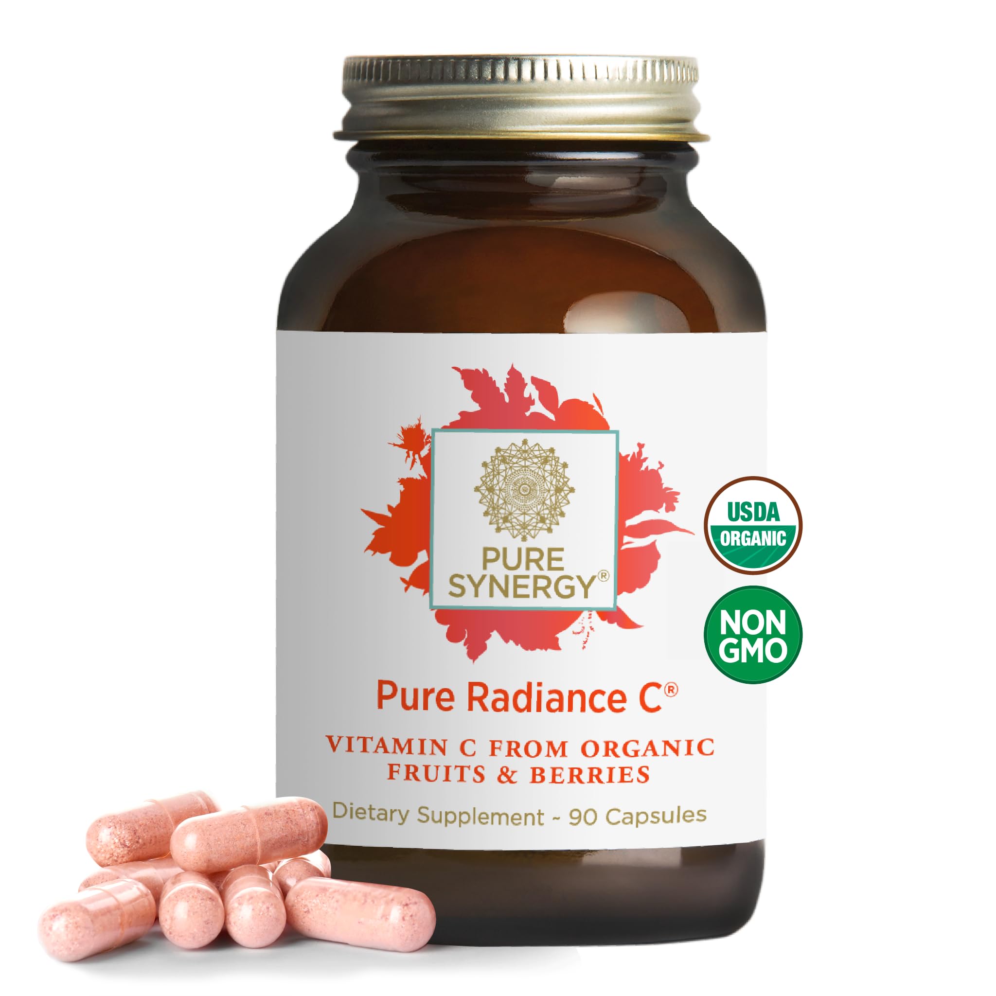 PURE SYNERGY frasco frontal mostrando etiqueta orgánica y beneficios