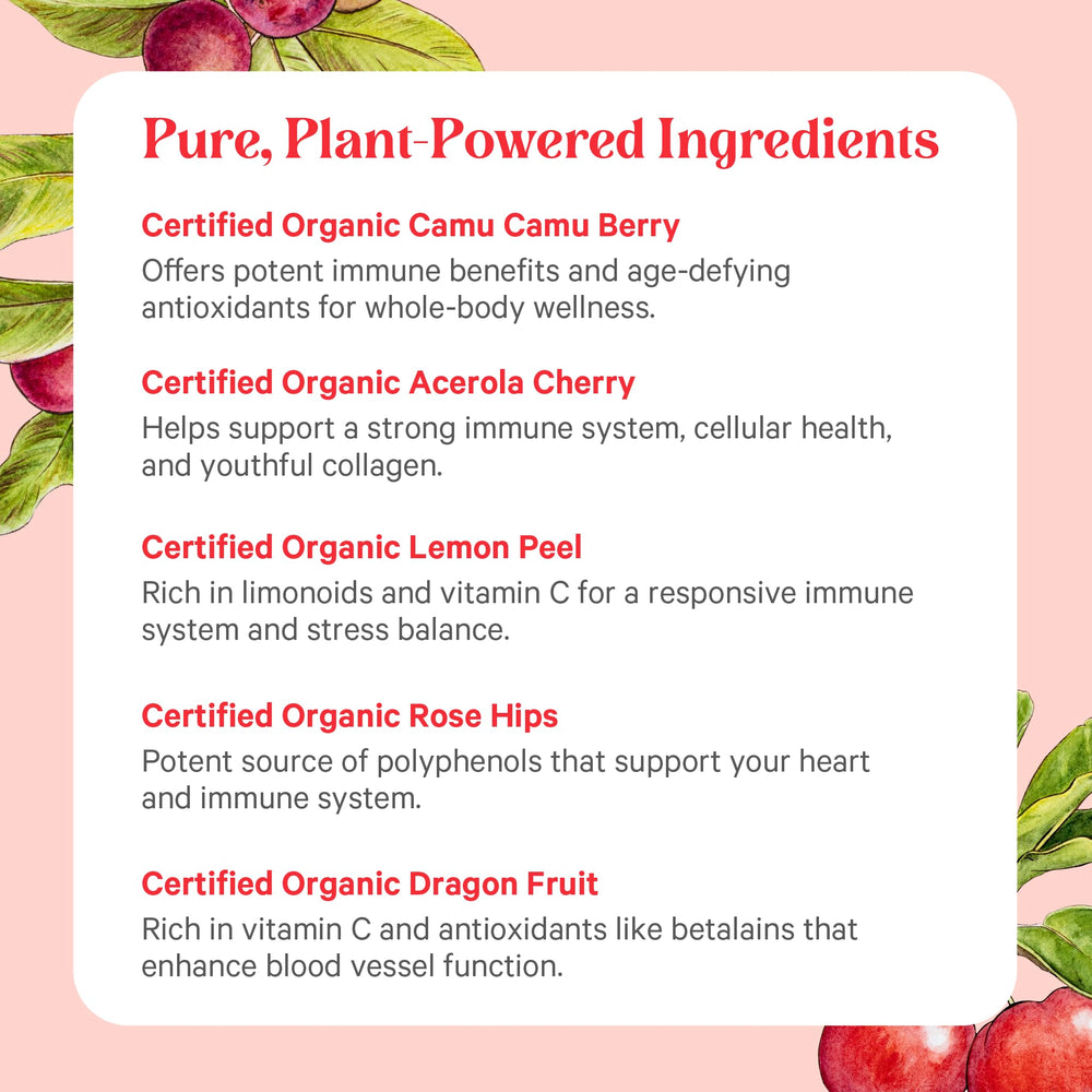 PURE SYNERGY frutas orgánicas usadas, perfil antioxidante y natural