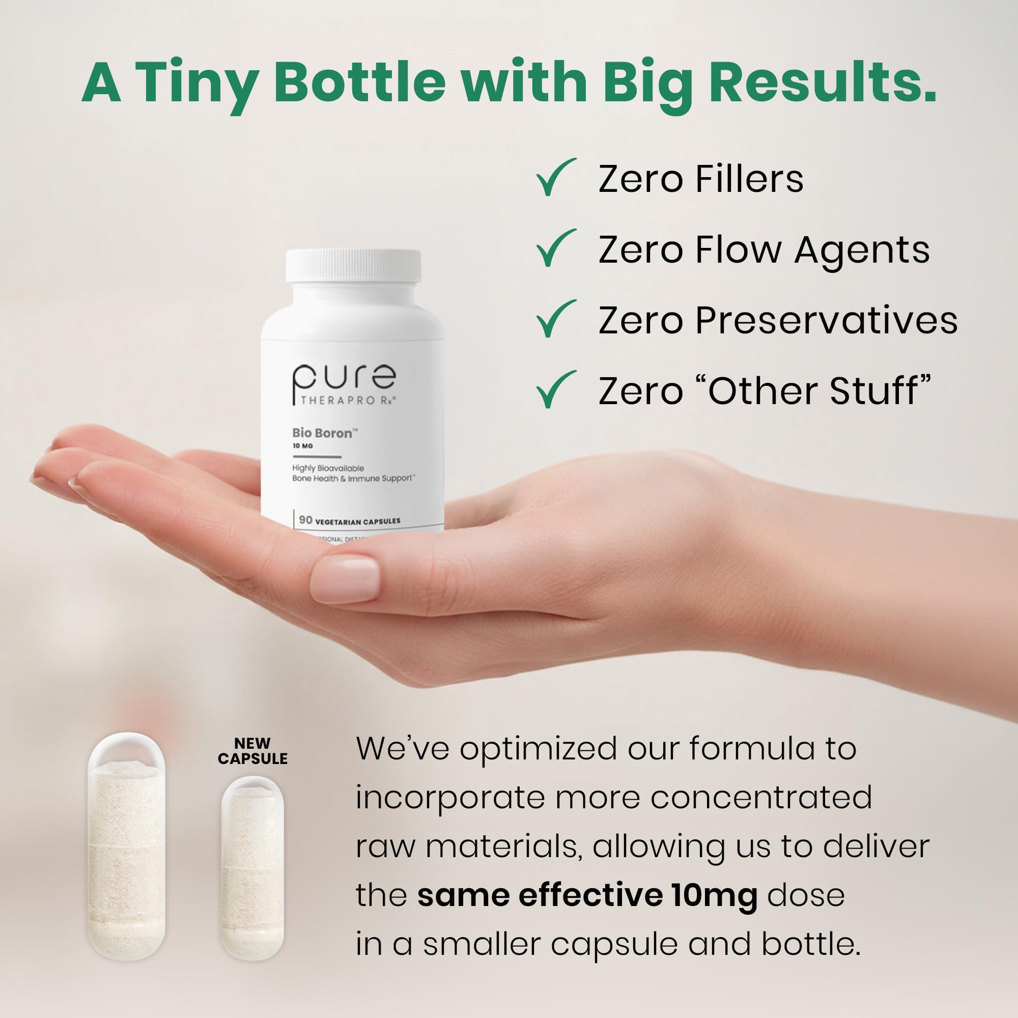 Pure Therapro Rx cápsula en mano para visualizar tamaño y dosificación