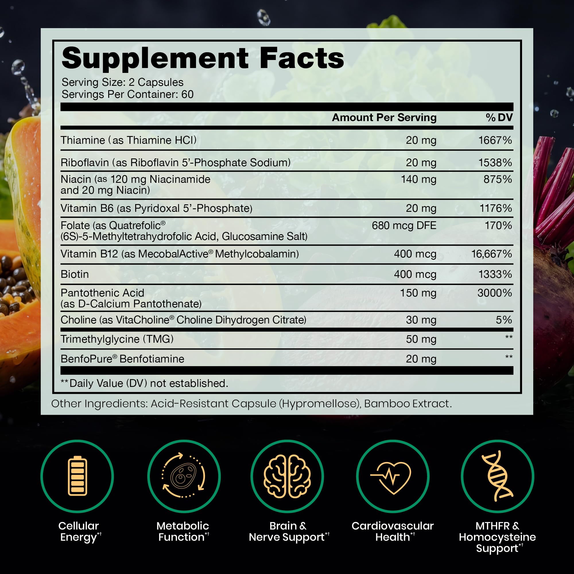 Pure Therapro Rx etiqueta en primer plano destacando ingredientes activos y metilados