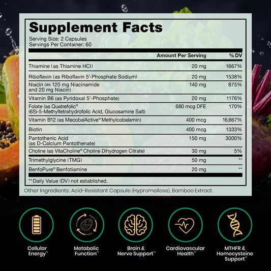 Pure Therapro Rx etiqueta en primer plano destacando ingredientes activos y metilados