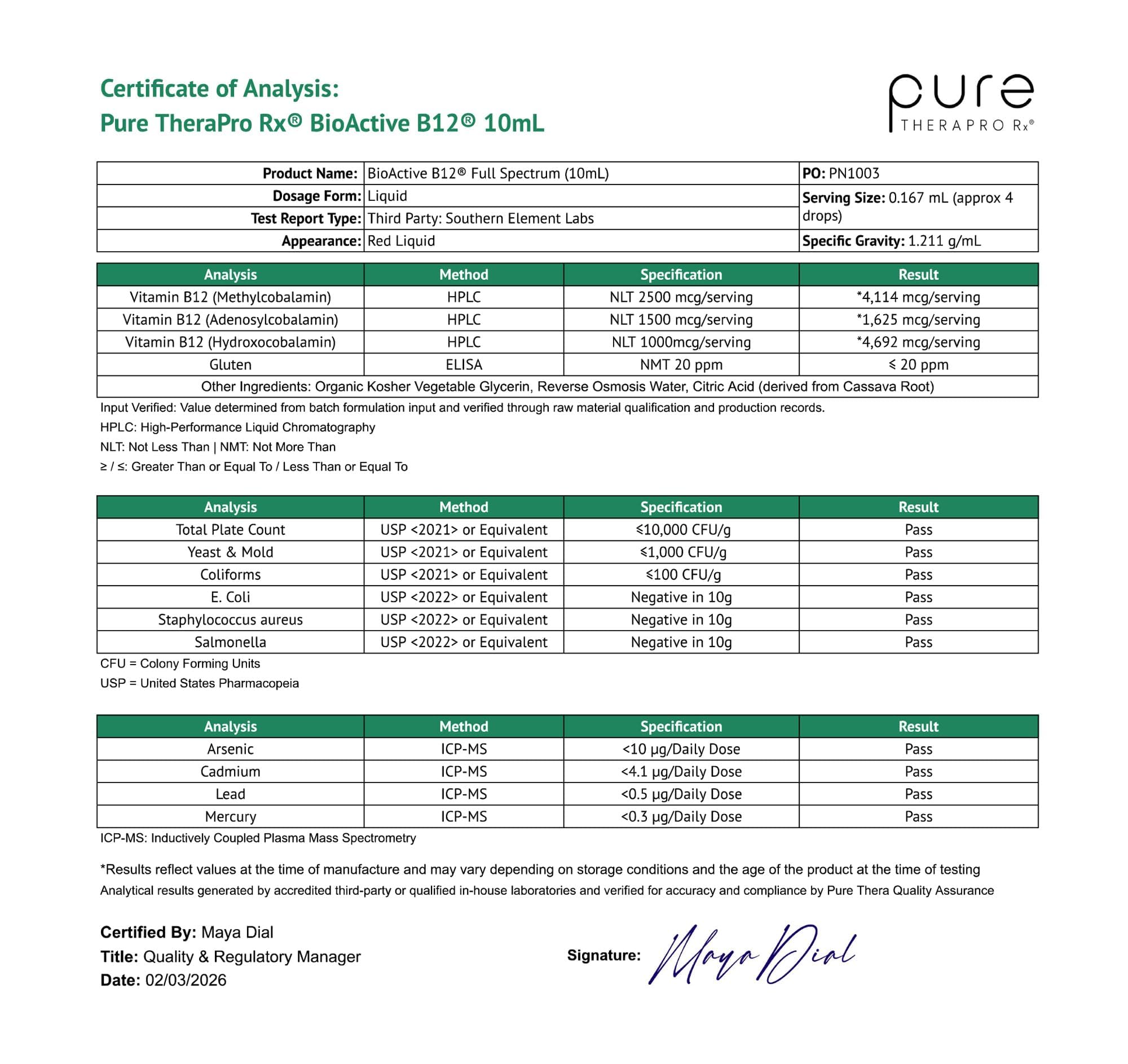 Plano de ingredientes Pure Therapro Rx mostrando formular sin alérgenos