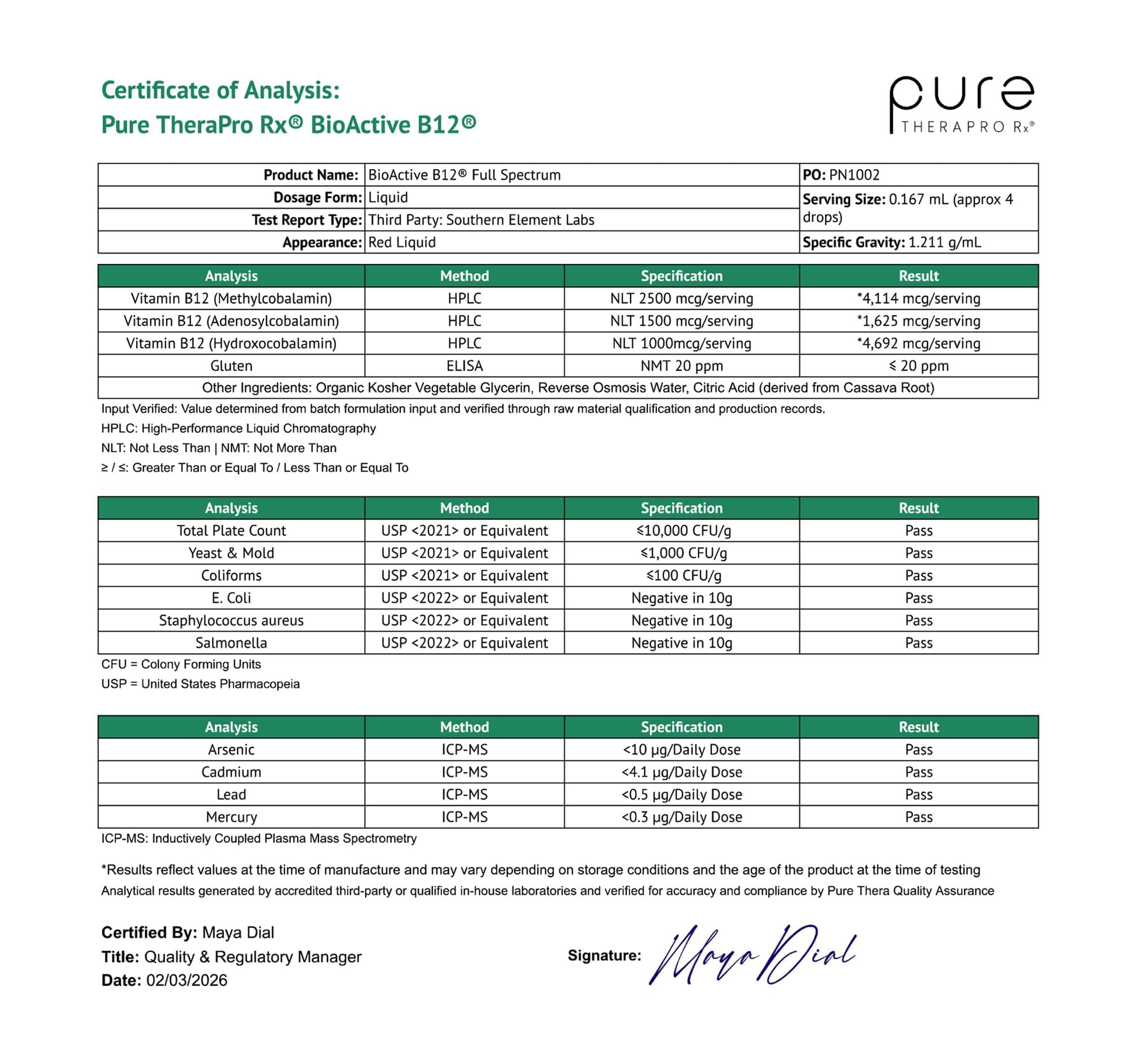 Pure Therapro Rx sello vegano e ingredientes principales transparentes