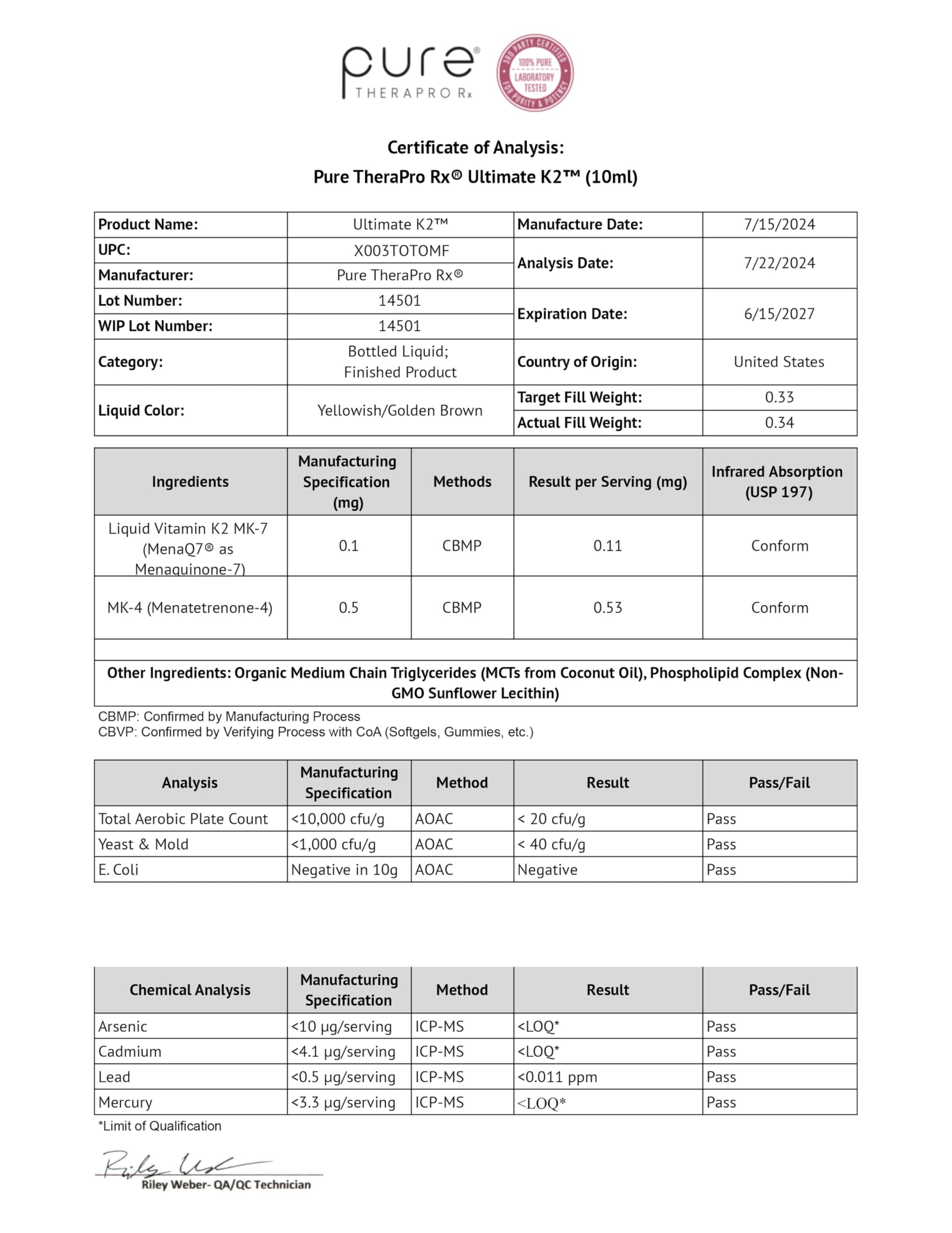 Pure Therapro Rx certificado de fabricación en instalaciones NSF para confianza