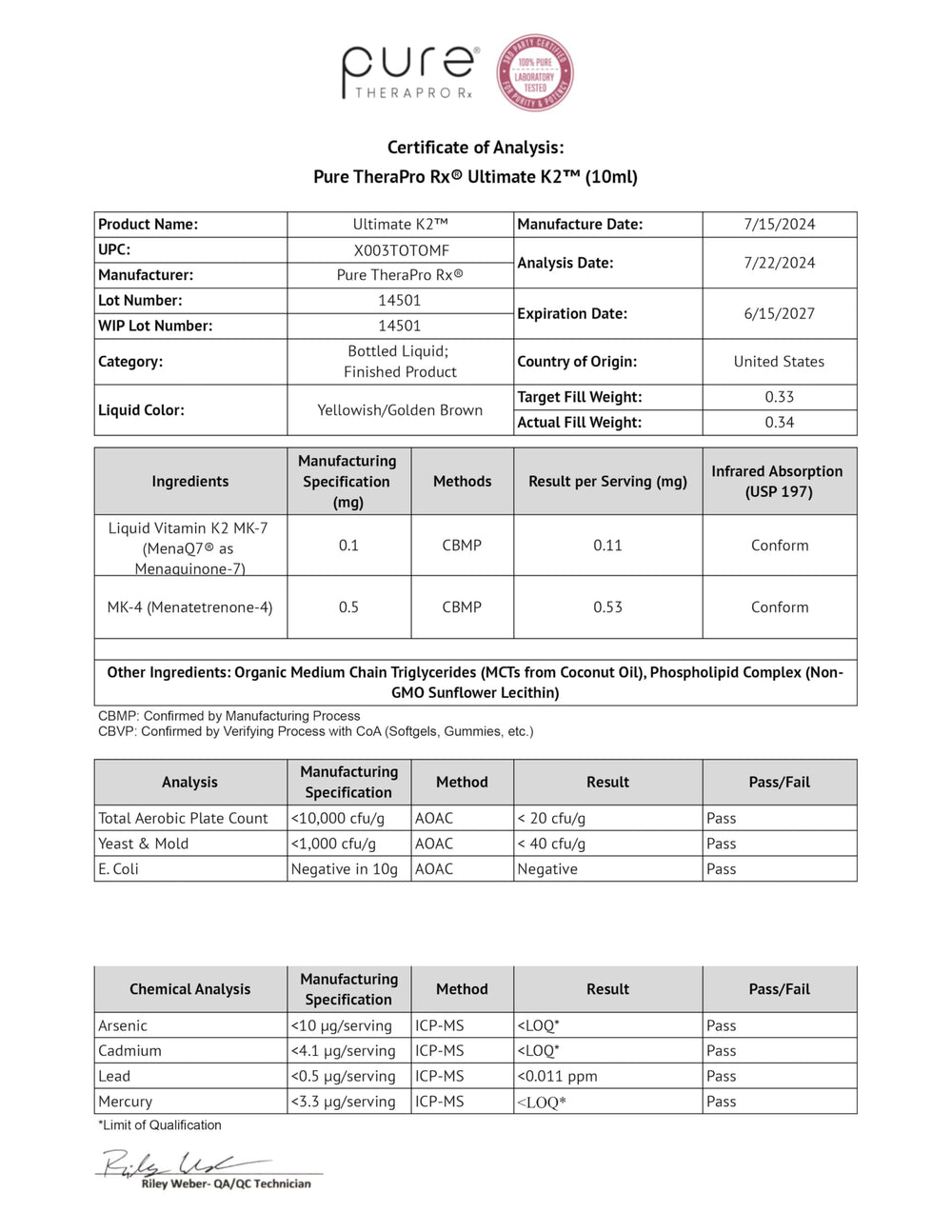 Pure Therapro Rx certificado de fabricación en instalaciones NSF para confianza