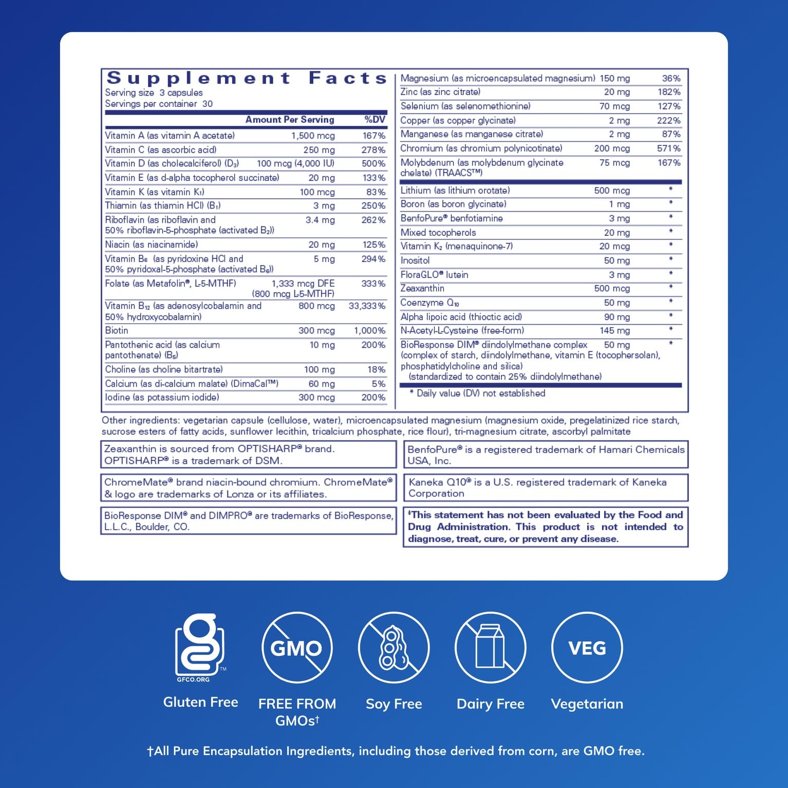 Pure Encapsulations etiqueta legible con lista de ingredientes — transparencia