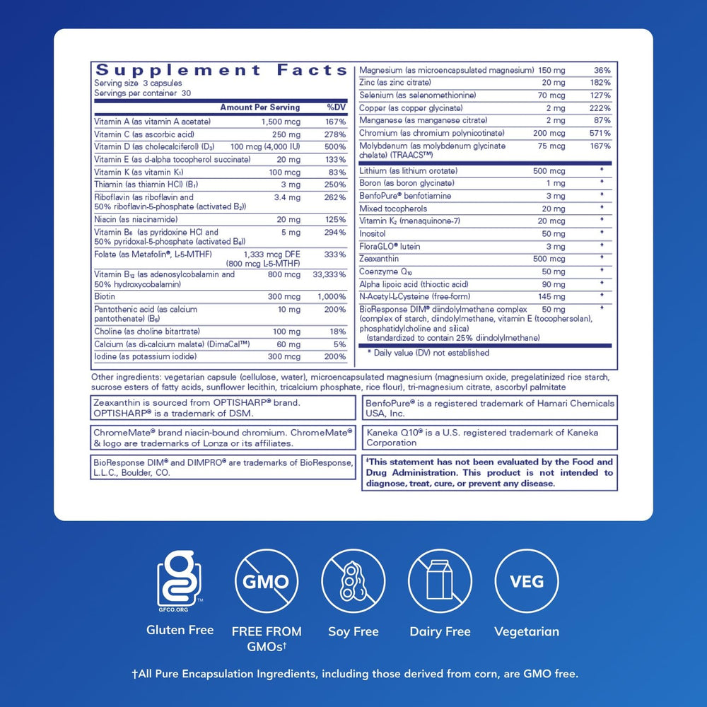 Pure Encapsulations etiqueta legible con lista de ingredientes — transparencia